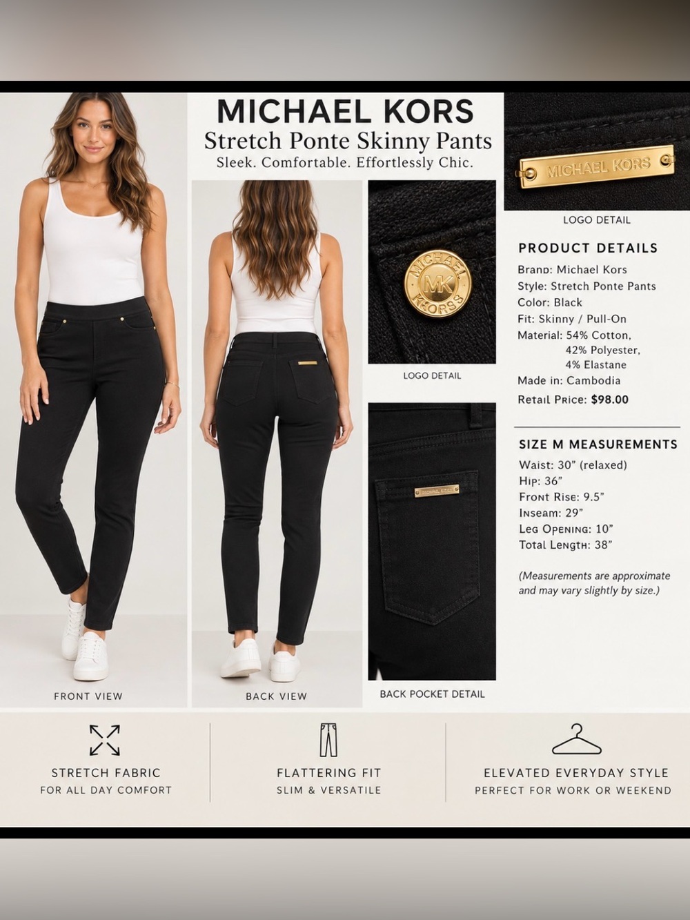 Michael Kors Women's Black Stretch Ponte Skinny Pant, Size M